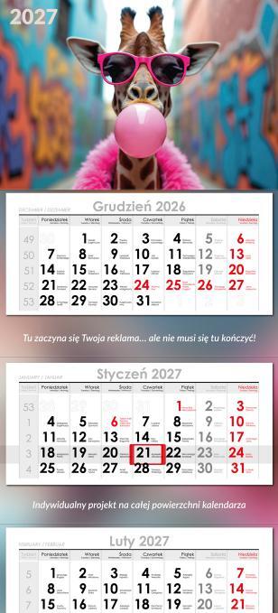 Kalendarz firmowy &mdash; tr&oacute;jdzielny z gł&oacute;wką płaską, wz&oacute;r z oferty drukarni AQRAT