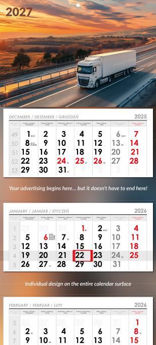 Kalendarze nigdzie nie spotykane Kalendarz firmowy — trójdzielny z kalendarium międzynarodowym, wzór z oferty drukarni AQRAT