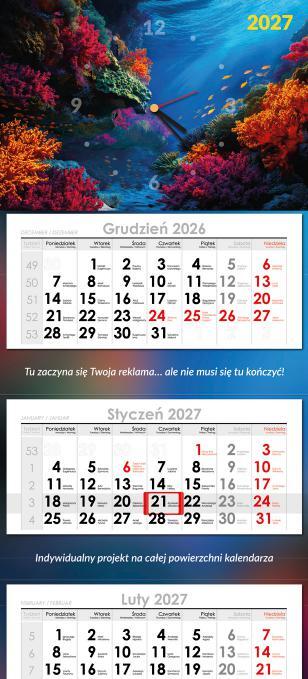 Kalendarze nigdzie nie spotykane Kalendarz firmowy — trójdzielny z zegarem, wzór z oferty drukarni AQRAT