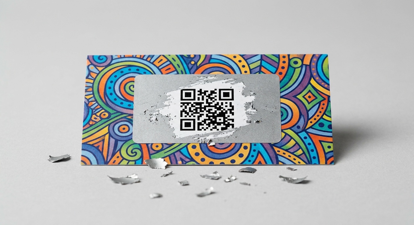 Karta zdrapkowa z częściowo zdrapaną srebrną warstwą, pod spodem kod QR &ndash; druk zdrapek AQRAT