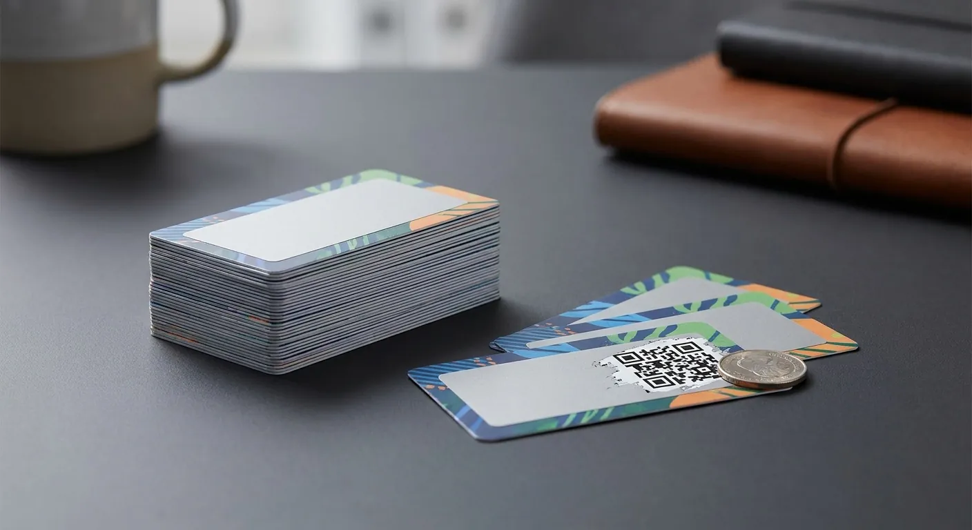 Grafika poglądowa: stos kart zdrapkowych na biurku, na jednej odsłonięty kod QR